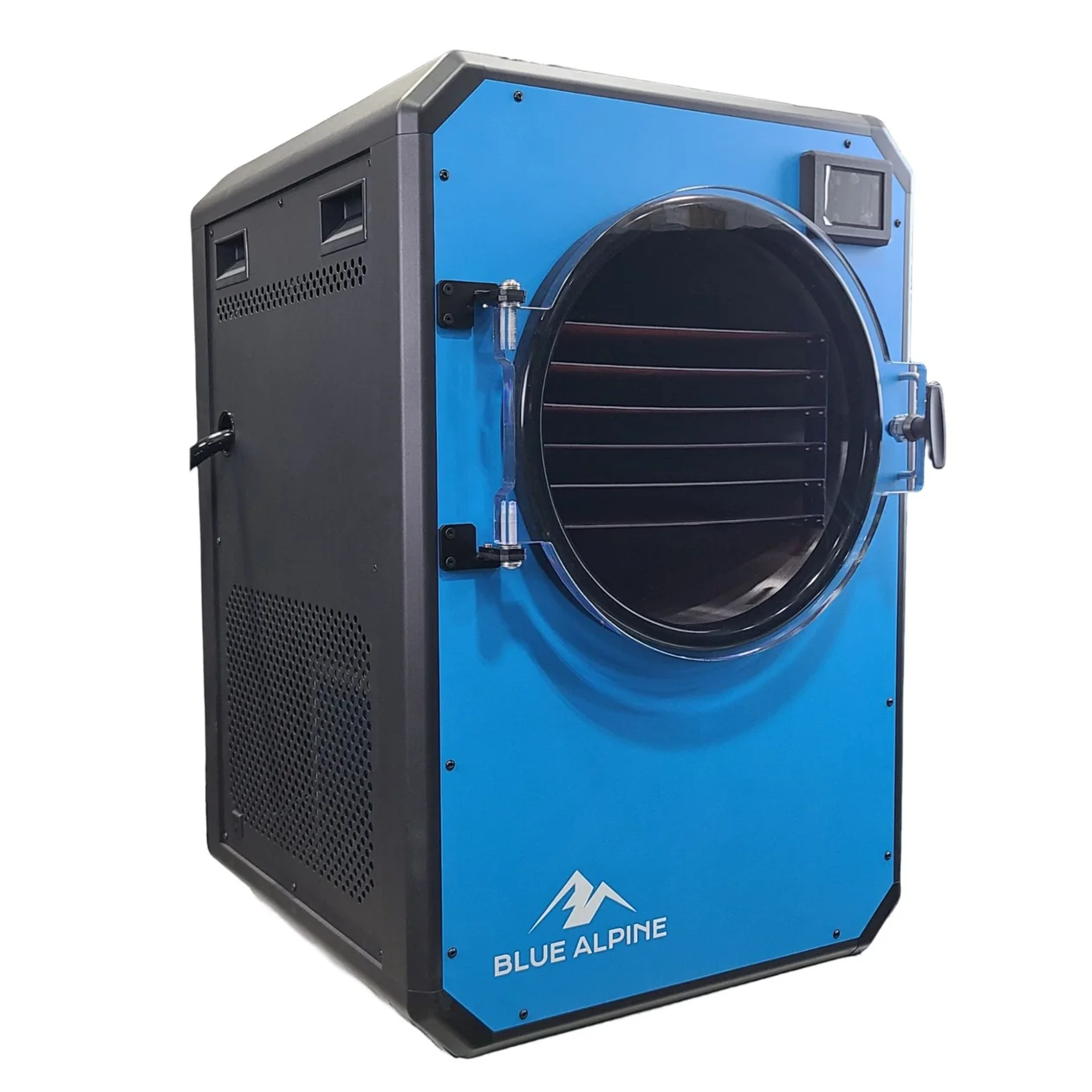 Blue Alpine Large freeze dryer in blue, angled with the chamber door open