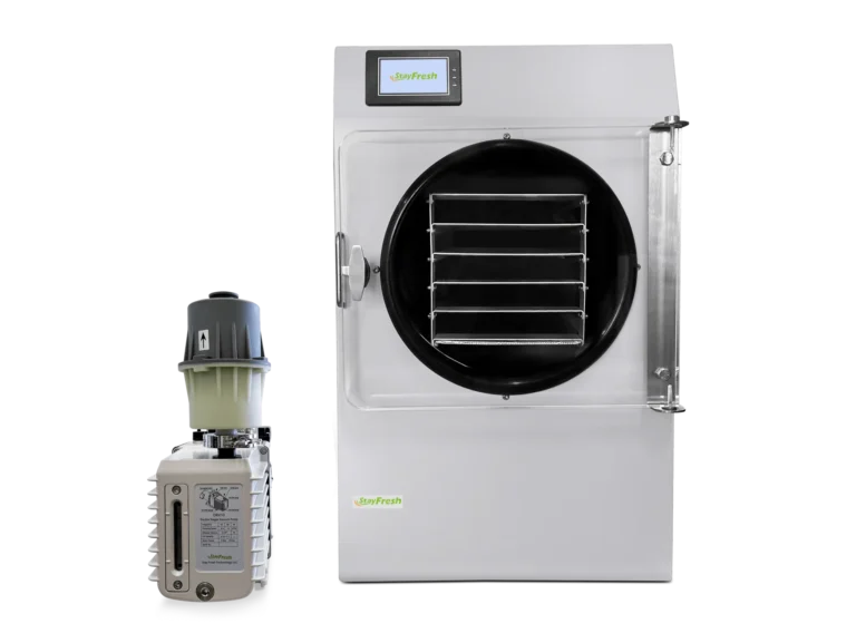 Stay Fresh five-shelf freeze dryer with the DRV10 double-stage industrial vacuum pump